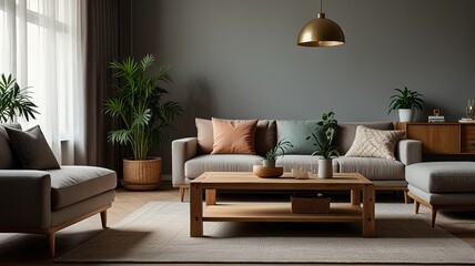 Wooden table in front of couch in spacious living room interior with plants and lamps. Real photo