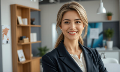 Fototapeta premium confident woman in professional office setting, smiling warmly. She wears dark blazer and has long, blonde hair. background features modern decor and plants, creating welcoming atmosphere