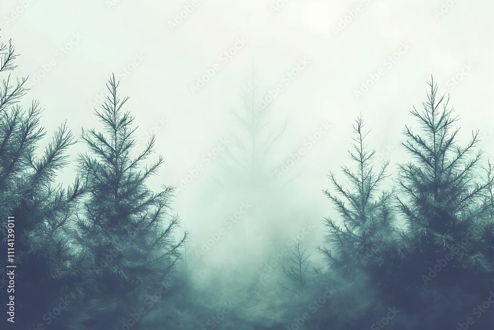 Aufkleber enigmatic foggy forest scene with tall evergreen trees, creating a serene yet mysterious atmosphere.