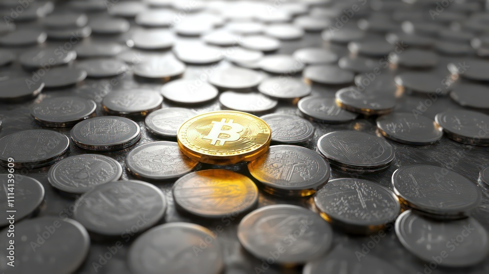 Aufkleber a background of silver coins and a single golden coin at the center with light reflections.