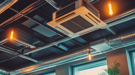 Obraz premium a Rooftop Cassette Air Conditioner located in the cafe with glowing bulbs