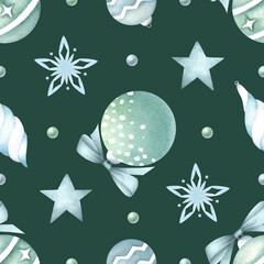 Christmas glass tree balls with bow watercolor seamless pattern on dark green. Hand drawn round and star shape ornaments in green and blue colors for New Year festive packaging, textile and designs.