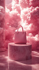 A light pink pastel background, in the centre there is a round base with a glossy finish, on top there is a pink totebag.
