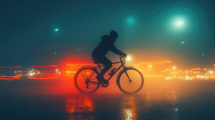 Fototapeta premium A silhouetted cyclist rides through a foggy urban scene with vibrant light trails.