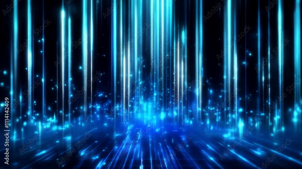 Poster futuristic glowing blue light beams with sparkling particles, creating a dynamic sci-fi energy effec