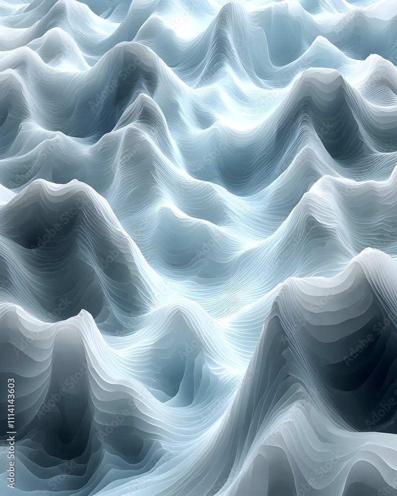 Poster a mesmerizing abstract depiction of flowing waves in shades of blue and gray, creating a tranquil an