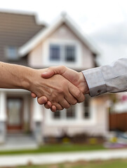 Two people shaking hands in front of house, symbolizing agreement and partnership. scene conveys sense of trust and collaboration in residential setting