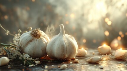 Fresh Garlic Bulbs with Cloves on Rustic Table