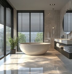 Fototapeta premium Modern bathroom with a large freestanding bathtub, sleek black blinds, and elegant decor in soft natural light