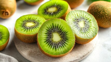 Fresh Kiwi Halves with Vivid Green Flesh on White Plate