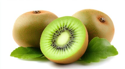 Fresh Half Kiwi with Vivid Green Flesh on White Background