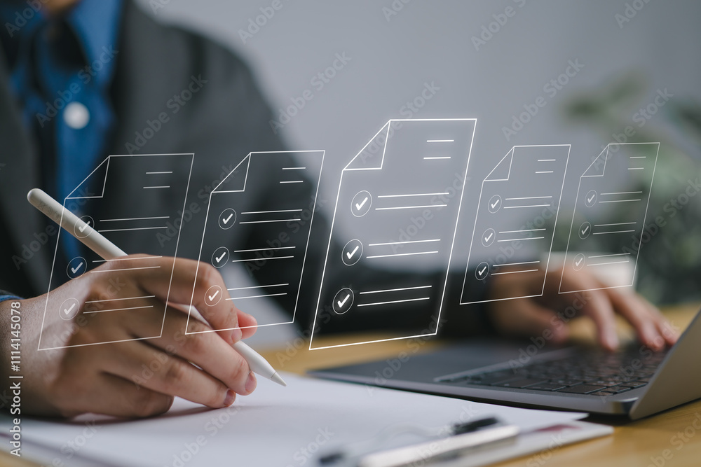 Poster Checklist and clipboard task management, online survey form completion Corporate business technology includes a document management system (DMS) and process automation to efficiently manage files.