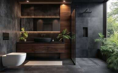 Fototapeta premium Elegant modern bathroom design with dark gray tiles and sleek white fixtures featuring a stylish round mirror and ambient lighting