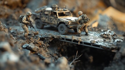 A rugged military vehicle with a soldier on top, set against a harsh desert landscape, ready for action in a barren and rocky environment.