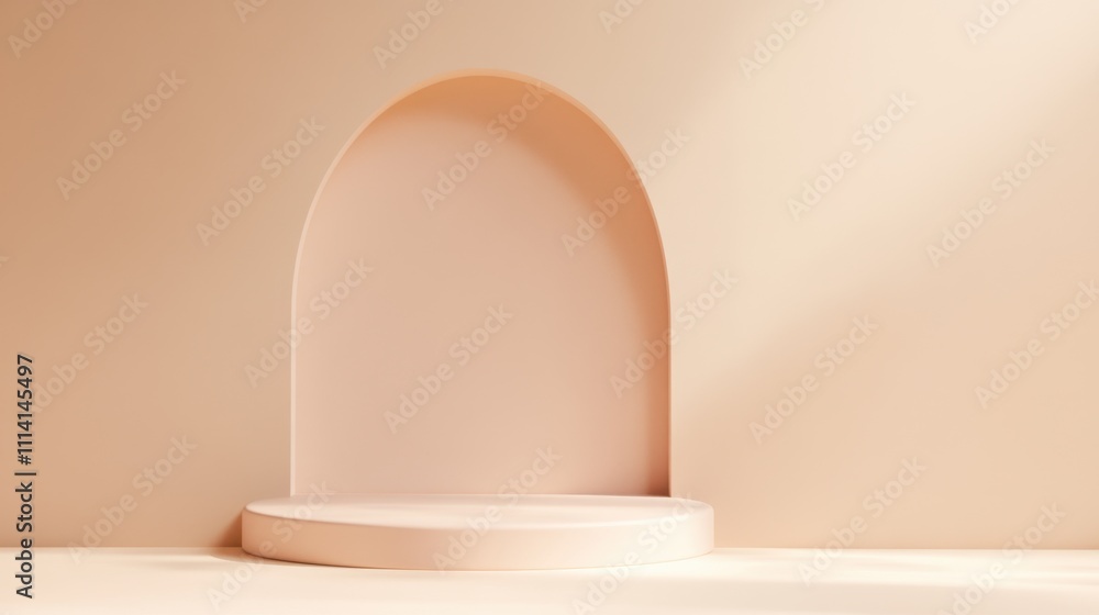 Poster a minimalistic, soft peach-colored archway with a circular platform, creating a serene and modern ae