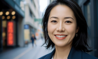 Obraz premium confident woman smiles in urban setting, showcasing her professional demeanor. Her stylish attire and friendly expression convey positivity and approachability