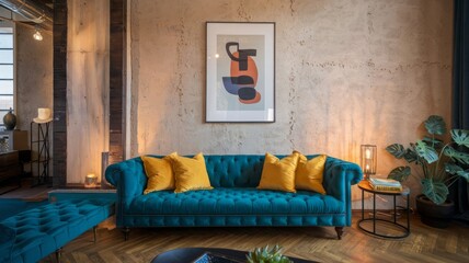 Stylish Living Room with Teal Sofa and Modern Art. A chic living room featuring a teal tufted sofa, vibrant yellow pillows, and contemporary wall art in a cozy setting.