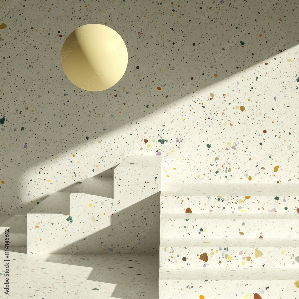 Poster a minimalist interior featuring speckled walls and stairs, accented by a floating yellow sphere, emp