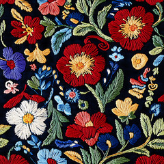 Vibrant floral embroidery featuring red, blue, and yellow flowers on dark background, showcasing intricate patterns and details that evoke sense of artistry and craftsmanship