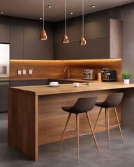 [Modern Kitchen Island Design Ideas] Modern Dark Kitchen Interior With Sleek Island And Hanging Lights For Sale