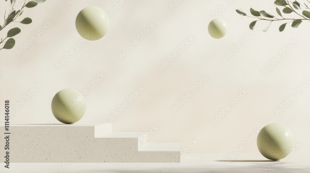 Poster a minimalist scene featuring floating green spheres and a stair-like structure against a soft, neutr