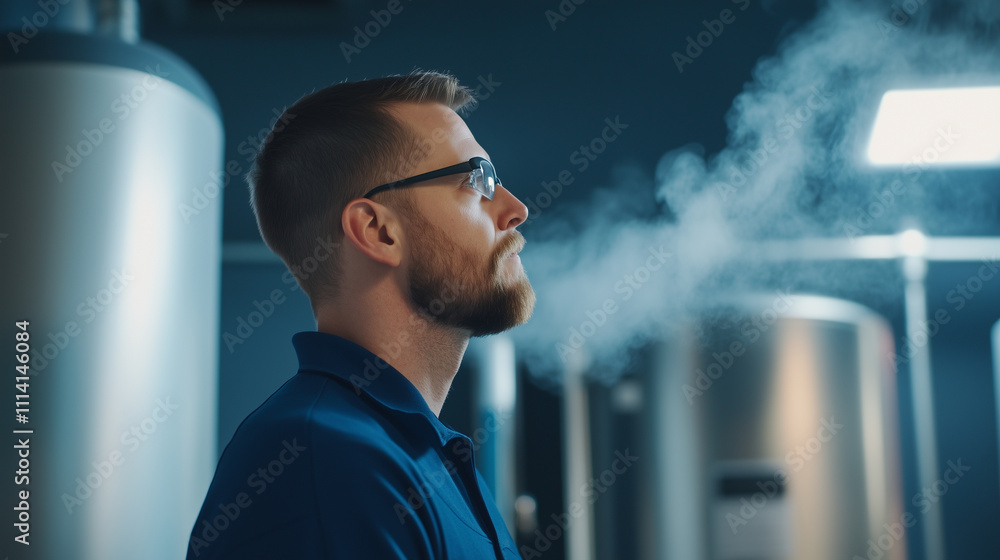 Poster a side view of a plumber inspecting a newly installed boiler system, steam rising slightly from pipe