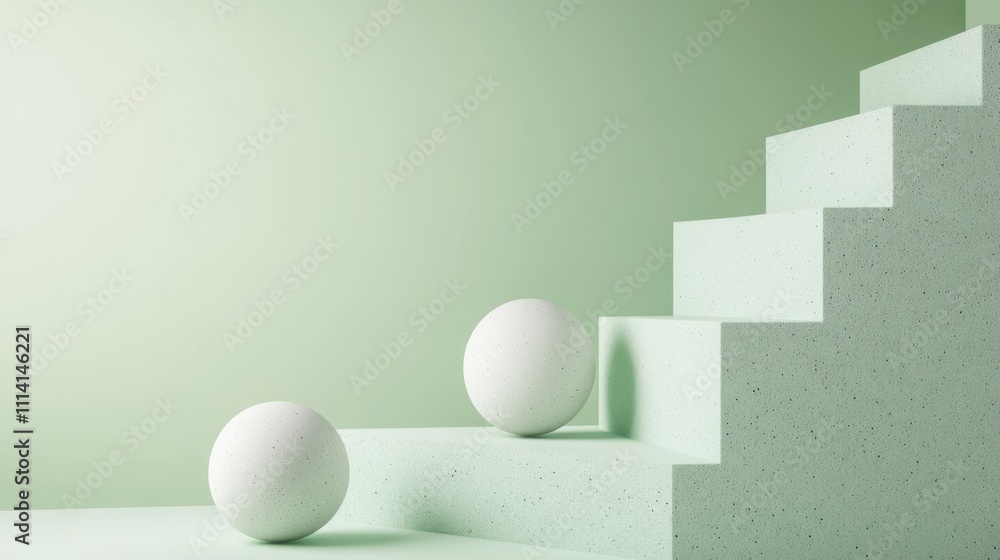 Poster a serene composition featuring two white spheres on steps against a soft green backdrop, creating a 