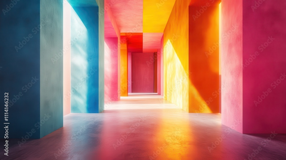 Poster the image is a colorful abstract of a room with three walls of different colors