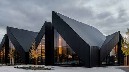 Fototapeta premium A modern black architectural structure with angular roofs and large windows, set against a cloudy sky and surrounded by trees.