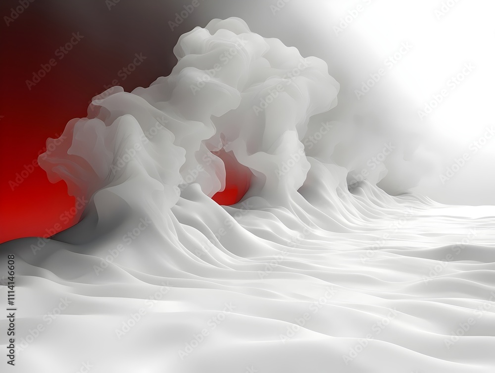Poster an abstract representation of swirling white clouds, creating a dynamic interplay with a vibrant red