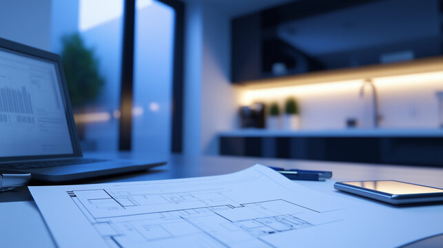 A modern home utility room where a plumber reviews blueprints while installing a boiler, highlighting professionalism and attention to detail