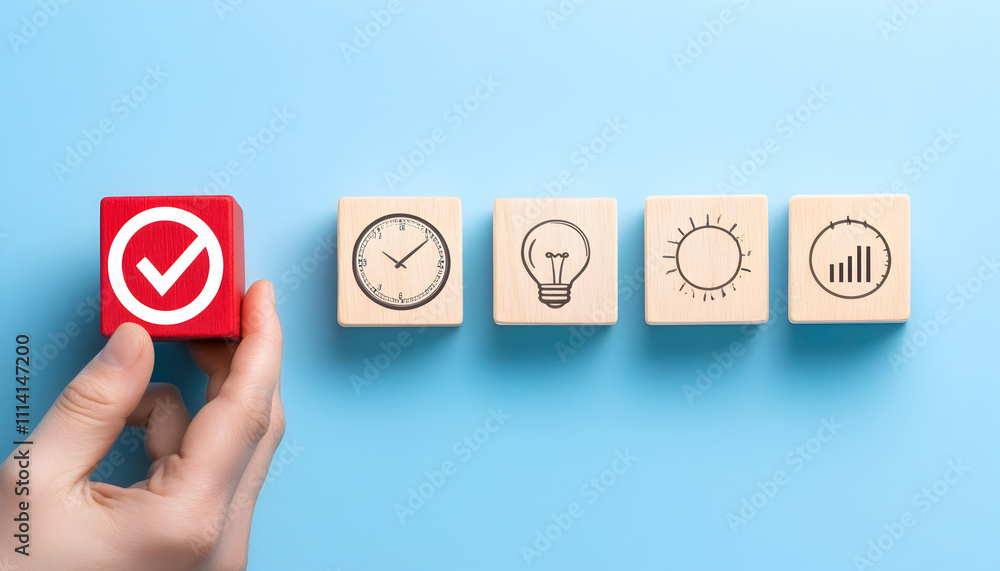 Poster hand holding a red block with a checkmark, followed by wooden blocks with time, idea, sun, and graph