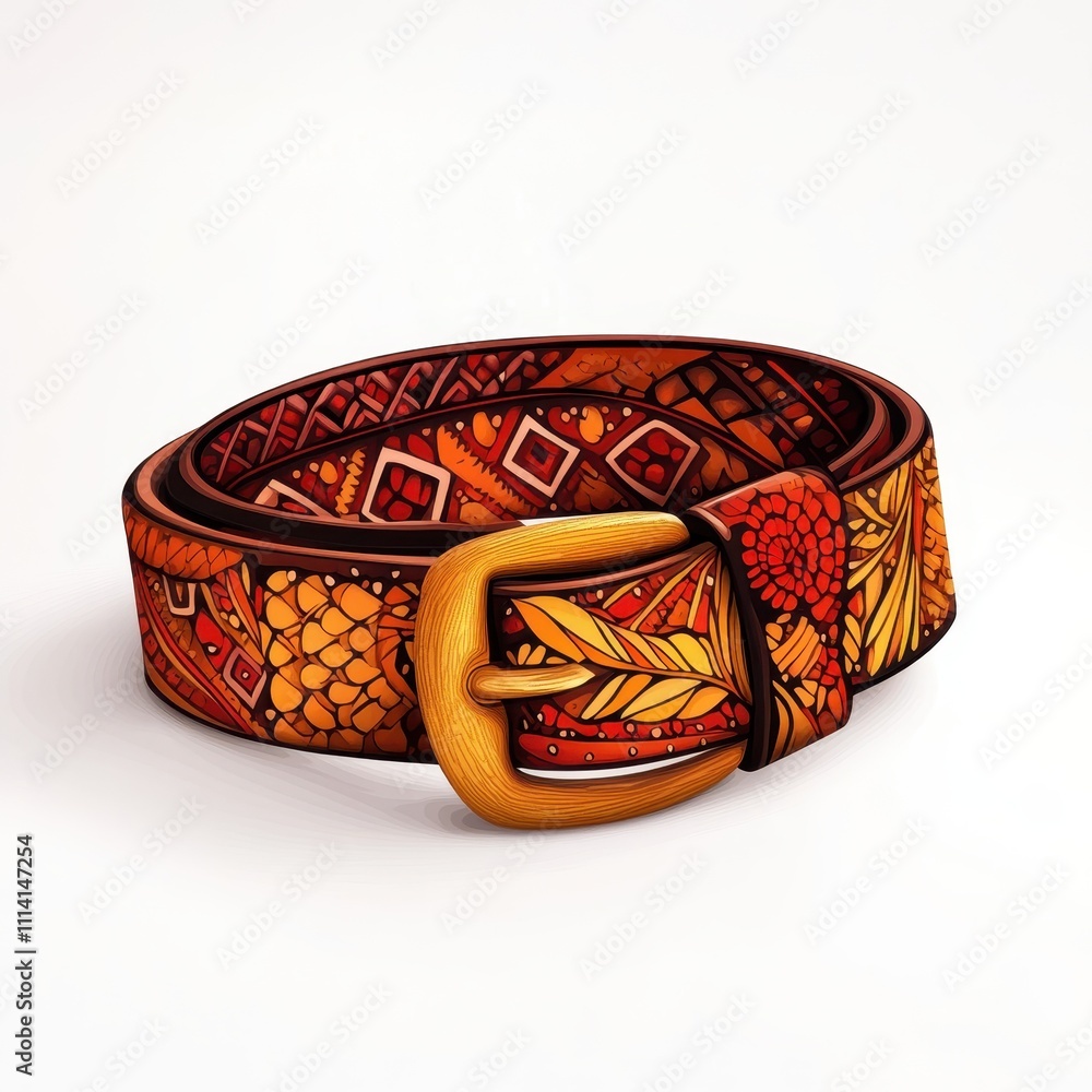 Poster a stylish belt adorned with intricate patterns, presented in a unique vector design against a white 