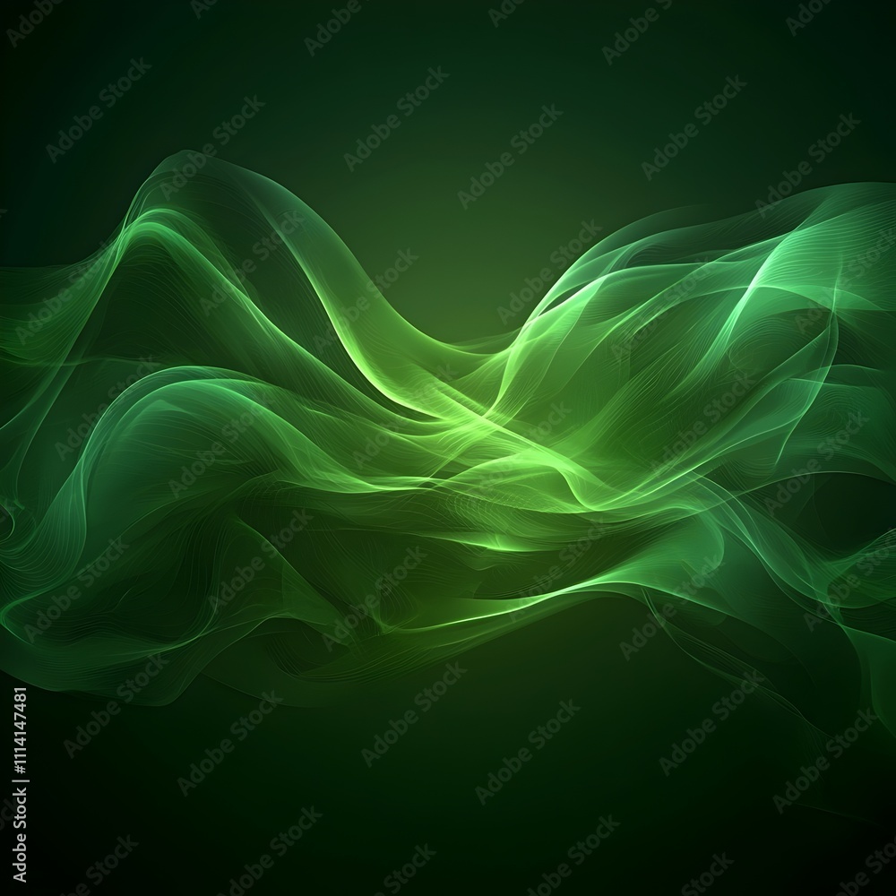 Poster a mesmerizing wave of translucent green wisps gracefully flowing across a dark background, creating 