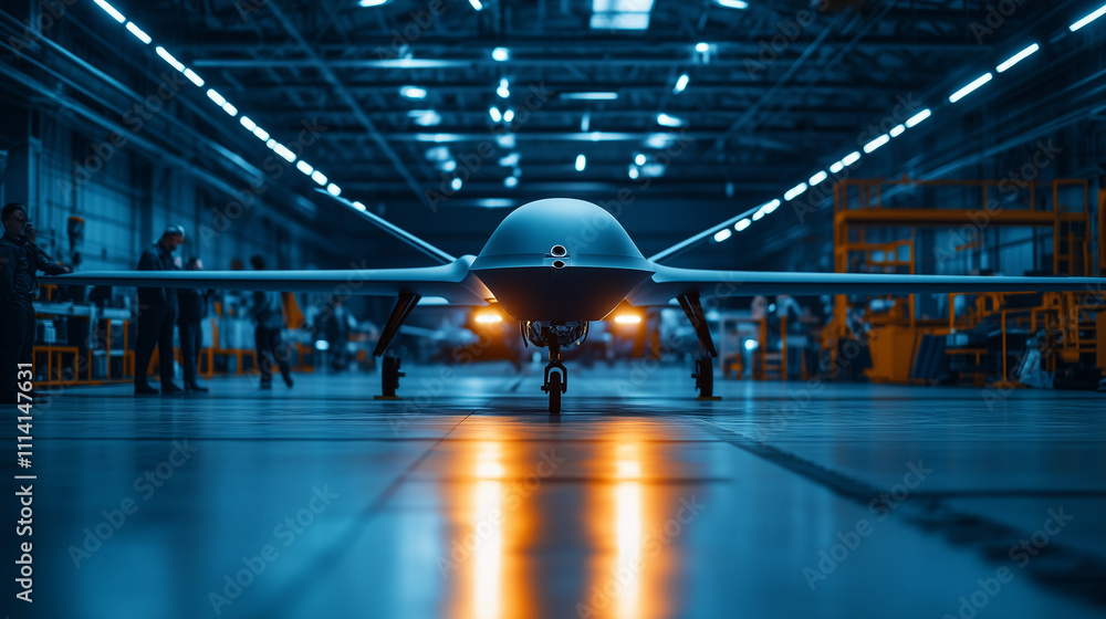 Poster a sleek modern war drone prototype sits on a display platform in a brightly lit factory, with engine