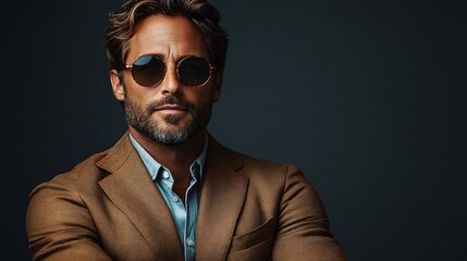 Fototapeta premium Handsome man wearing brown suit and sunglasses, with arms crossed and looking forward against a grey background
