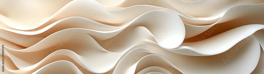 Poster an abstract composition featuring flowing waves of soft beige and cream tones, creating a serene and