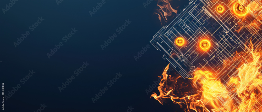 Poster fire alarm evacuation signal concept. a digital design featuring fiery elements intertwined with a g
