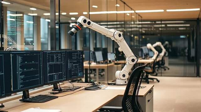 Innovative Tech Lab Workspace with Robotic Arms and Displays