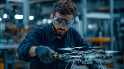 An engineer fine-tunes the droneâs advanced communication antennas while surrounded by precision tools and industrial equipment