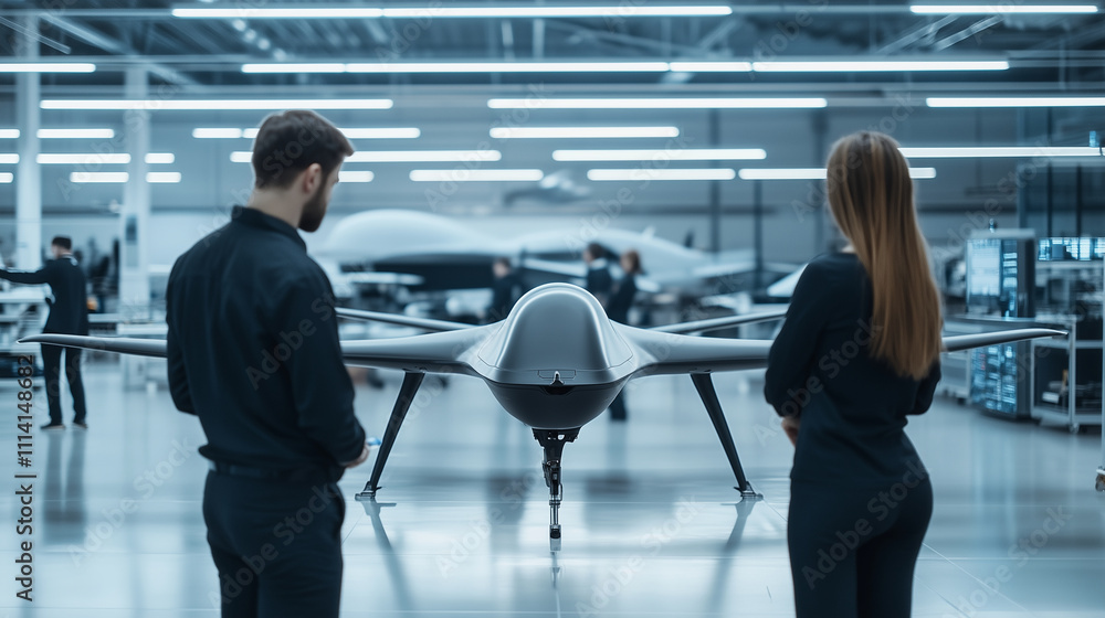 Poster a team of engineers discusses aerodynamic efficiency around a war drone prototype, displayed in a mo