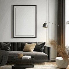 Modern interior design mockup showcasing a cozy living room with a stylish ISO A paper size poster frame for artistic expression.