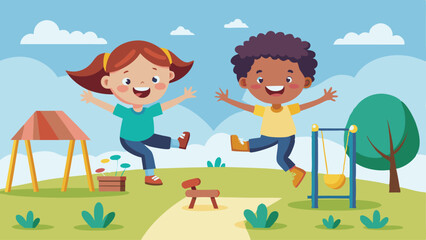 two children jumping on the playground vector