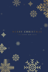 Elegant snow with A Merry Christmas and Happy New Year text for greeting card vector. Premium post card design for Christmas snow flakes, gold snow flakes on blue background