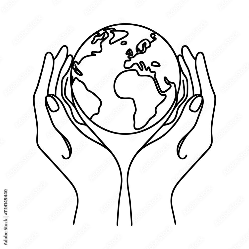 Poster linear earth in hands isolated on white background. black hand drawn globe in hands. save of planet.