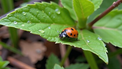 Fototapeta premium Close-up of a ladybug resting on a green leaf with water droplets