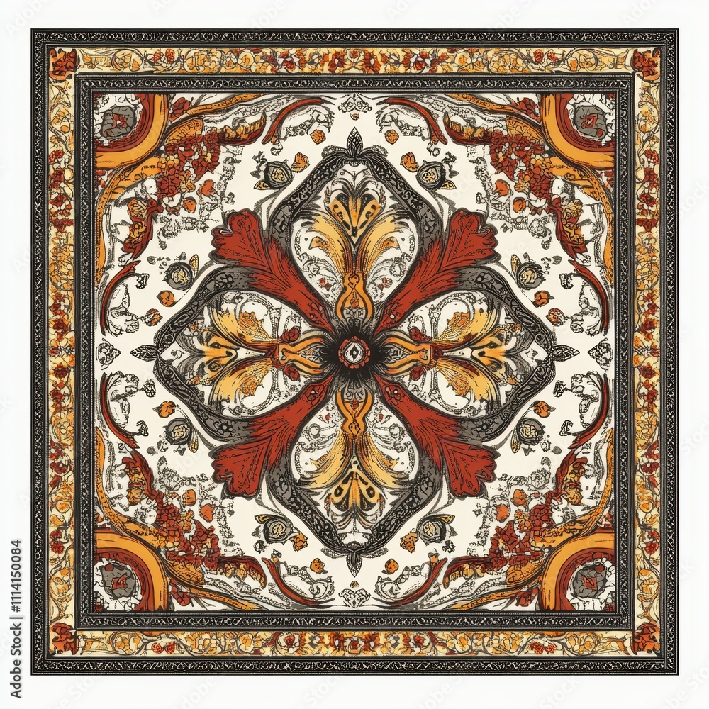 Poster a detailed graphic design bandana with intricate patterns and textures, isolated on a white backgrou