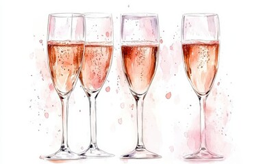 Watercolor Champagne Glasses. Illustration AI Generative.