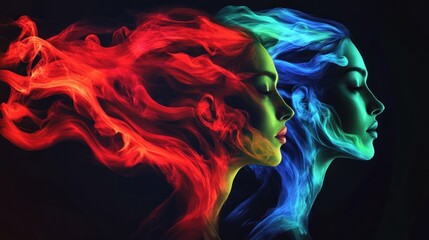 Two women, red and blue smoke