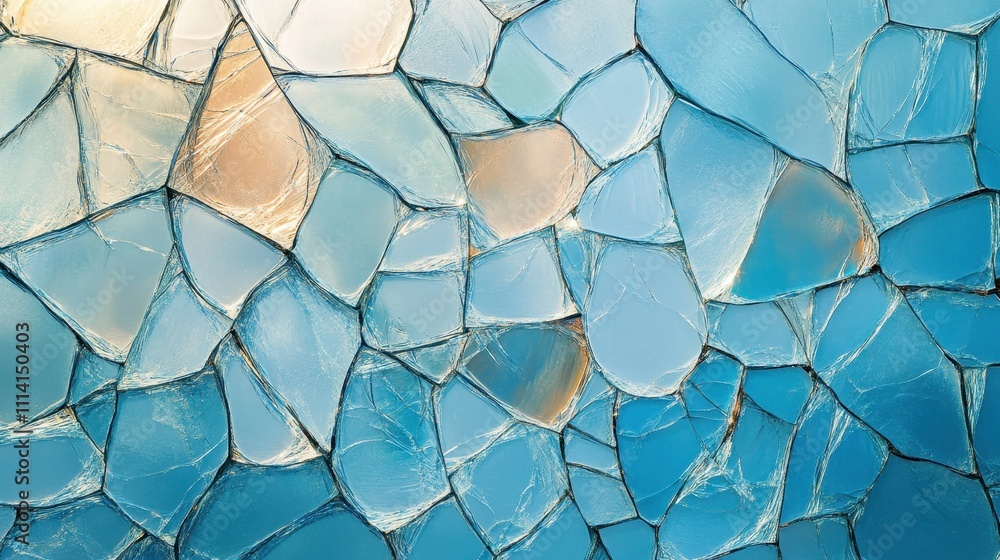 Poster a unique broken glass texture forming an abstract pattern on a soothing sky blue background, showcas
